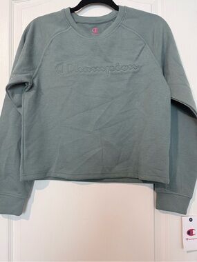 Champion Olive Green Waffle-Knit Crewneck with Red/Blue Logo